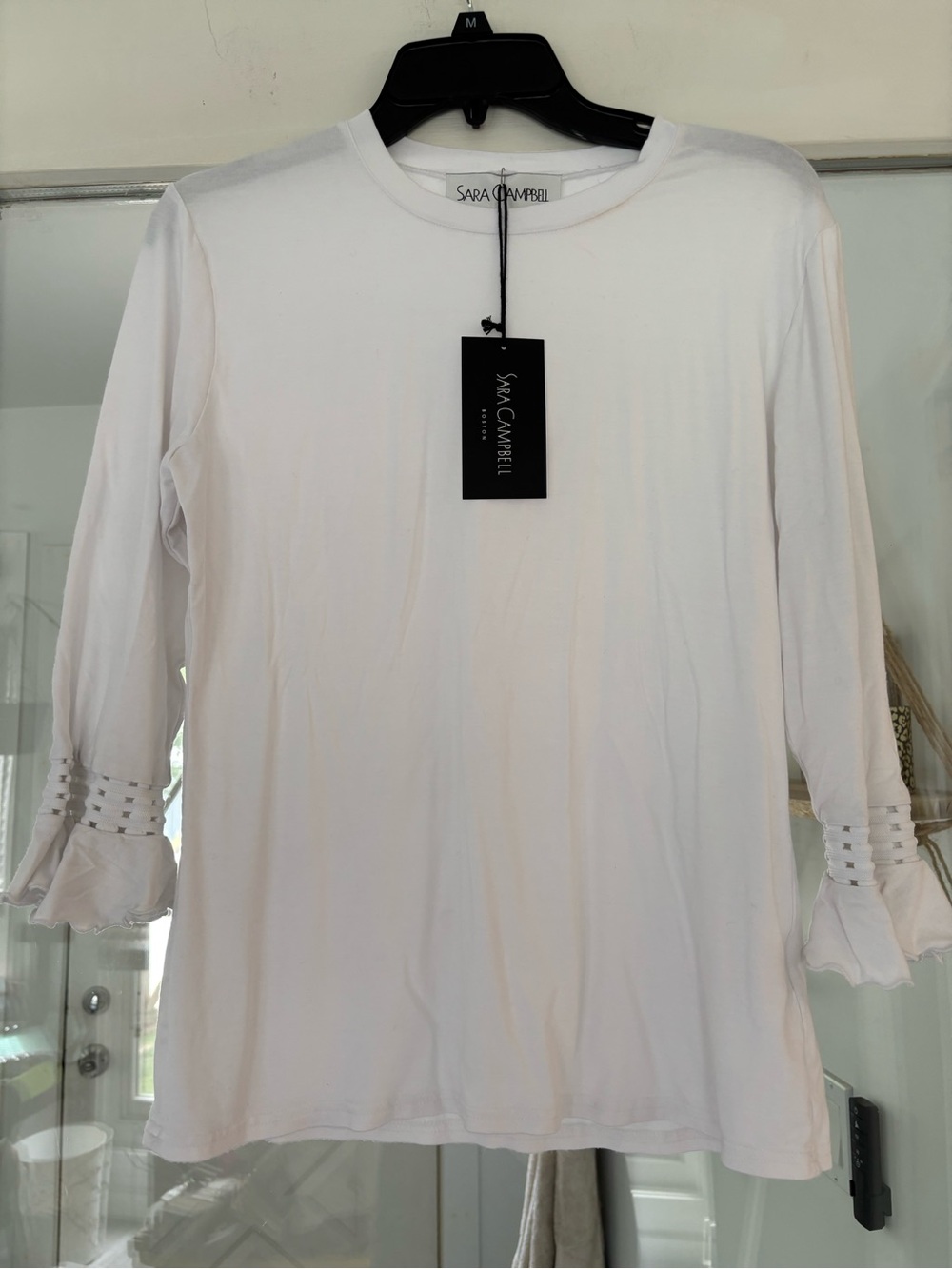 Sara Campbell White Long Sleeve Tee with Beaded Ruffle Cuffs